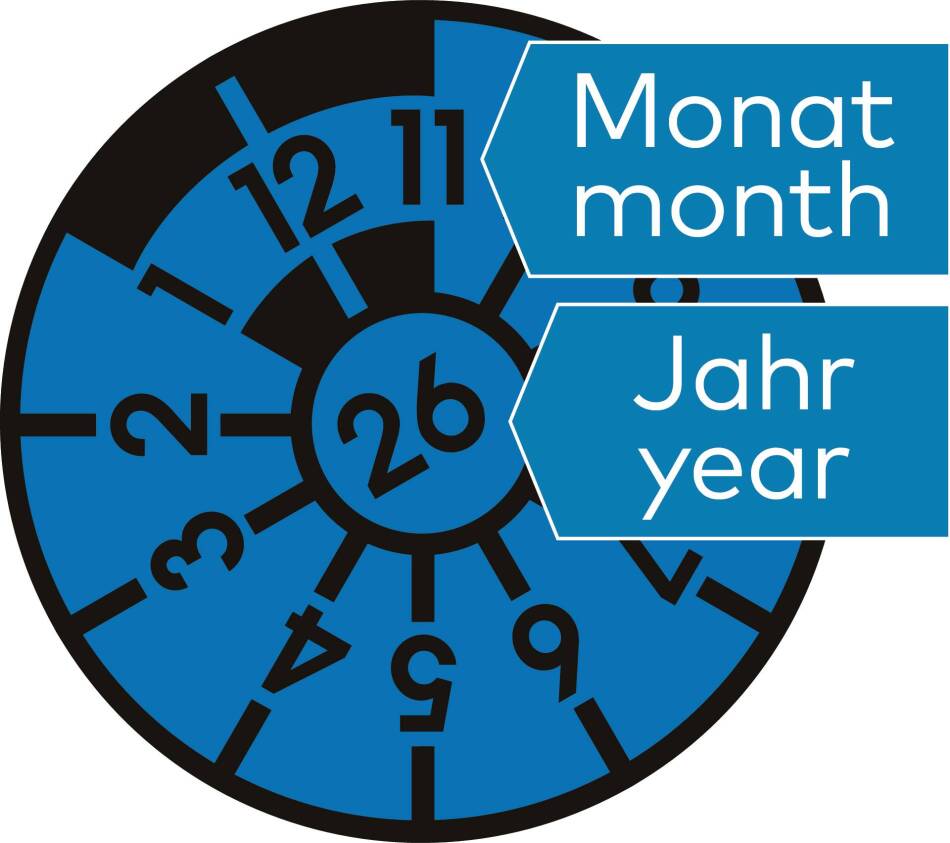 Kennzeichnung der Zahlen auf der HU-Plakette mit Pfeilen für Monat und Jahr